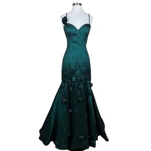 Blondie Nites Satin Lace Up Back Mermaid Evening Gown Green Size 13 Formal Dress